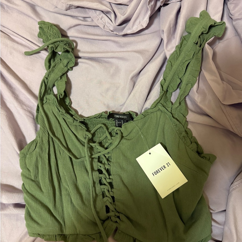 NWT Forever 21 Olive Lace-Up Crop Top